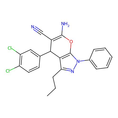6-amino-4-(3,4-dichlorophenyl)-1-phenyl-3-propyl-1,4-dihydropyrano[2,3-c]pyrazole-5-carbonitrile structure
