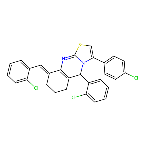 (E)-9-(2-chlorobenzylidene)-5-(2-chlorophenyl)-3-(4-chlorophenyl)-6,7,8,9-tetrahydro-5H-thiazolo[2,3-b]quinazoline structure