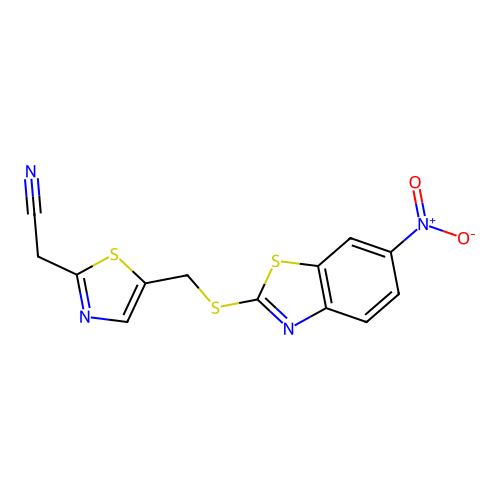 2-(5-(((6-nitrobenzo[d]thiazol-2-yl)thio)methyl)thiazol-2-yl)acetonitrile structure