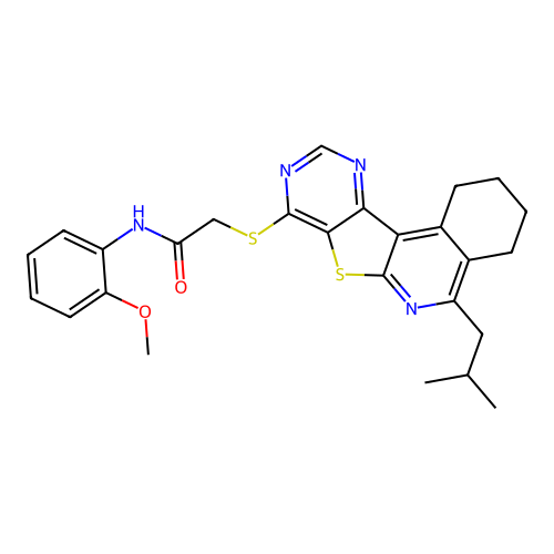 2-((5-isobutyl-1,2,3,4-tetrahydropyrimido[4',5':4,5]thieno[2,3-c]isoquinolin-8-yl)thio)-N-(2-methoxyphenyl)acetamide structure