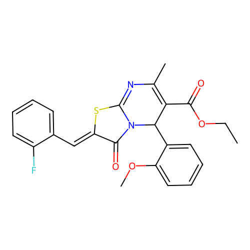 Ethyl 2-(2-fluorobenzylidene)-5-(2-methoxyphenyl)-7-methyl-3-oxo-3,5-dihydro-2H-thiazolo[3,2-a]pyrimidine-6-carboxylate structure