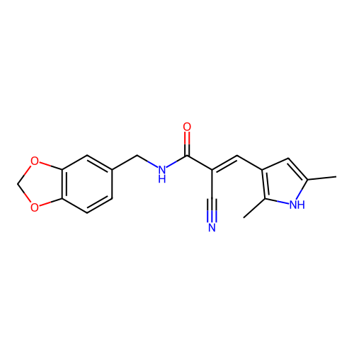 (2E)-N-(1,3-benzodioxol-5-ylmethyl)-2-cyano-3-(2,5-dimethyl-1H-pyrrol-3-yl)prop-2-enamide structure