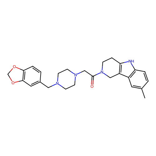 2-[4-(1,3-benzodioxol-5-ylmethyl)piperazin-1-yl]-1-(8-methyl-1,3,4,5-tetrahydropyrido[4,3-b]indol-2-yl)ethanone structure