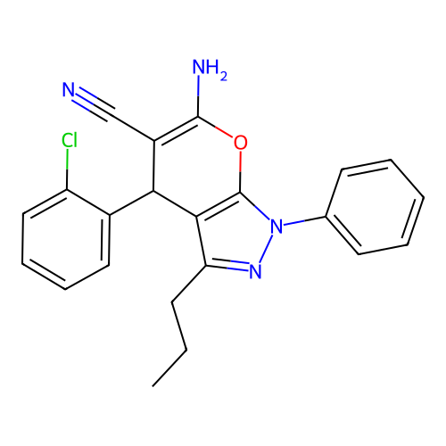 6-amino-4-(2-chlorophenyl)-1-phenyl-3-propyl-1,4-dihydropyrano[2,3-c]pyrazole-5-carbonitrile structure