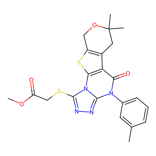 methyl {[7,7-dimethyl-4-(3-methylphenyl)-5-oxo-4,5,6,9-tetrahydro-7H-pyrano[4',3':4,5]thieno[3,2-e][1,2,4]triazolo[4,3-a]pyrimidin-1-yl]sulfanyl}acetate structure