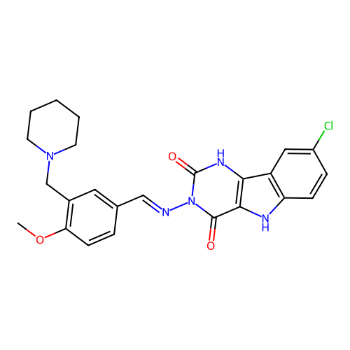 (E)-8-chloro-3-((4-methoxy-3-(piperidin-1-ylmethyl)benzylidene)amino)-1H-pyrimido[5,4-b]indole-2,4(3H,5H)-dione structure