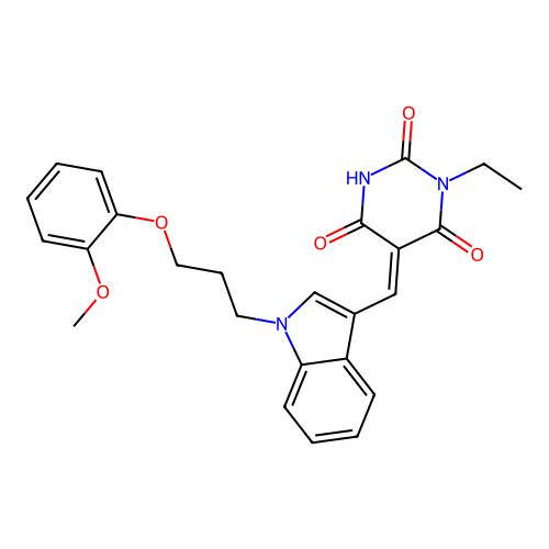 (E)-1-ethyl-5-((1-(3-(2-methoxyphenoxy)propyl)-1H-indol-3-yl)methylene)pyrimidine-2,4,6(1H,3H,5H)-trione structure