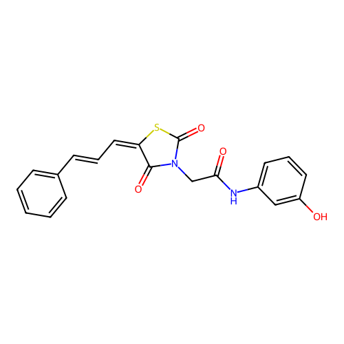 2-((E)-2,4-dioxo-5-((E)-3-phenylallylidene)thiazolidin-3-yl)-N-(3-hydroxyphenyl)acetamide structure