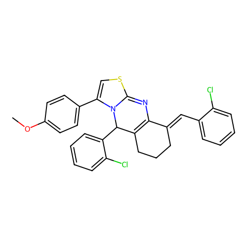 (9E)-5-(2-chlorophenyl)-9-[(2-chlorophenyl)methylidene]-3-(4-methoxyphenyl)-5,6,7,8-tetrahydro-[1,3]thiazolo[2,3-b]quinazoline structure