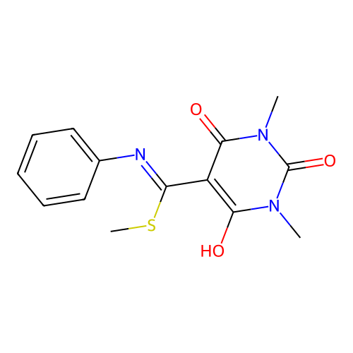 1,3-dimethyl-5-((methylthio)(phenylamino)methylene)pyrimidine-2,4,6(1H,3H,5H)-trione structure