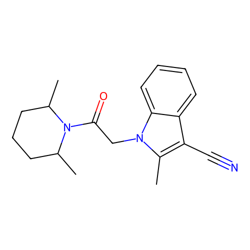1-[2-(2,6-dimethylpiperidin-1-yl)-2-oxoethyl]-2-methyl-1H-indole-3-carbonitrile structure
