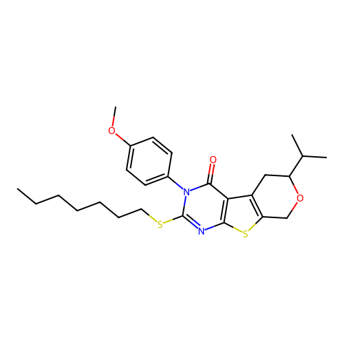 2-(heptylsulfanyl)-3-(4-methoxyphenyl)-6-(propan-2-yl)-3,5,6,8-tetrahydro-4H-pyrano[4',3':4,5]thieno[2,3-d]pyrimidin-4-one structure
