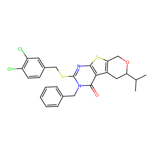 3-benzyl-2-((3,4-dichlorobenzyl)thio)-6-isopropyl-5,6-dihydro-3H-pyrano[4',3':4,5]thieno[2,3-d]pyrimidin-4(8H)-one structure