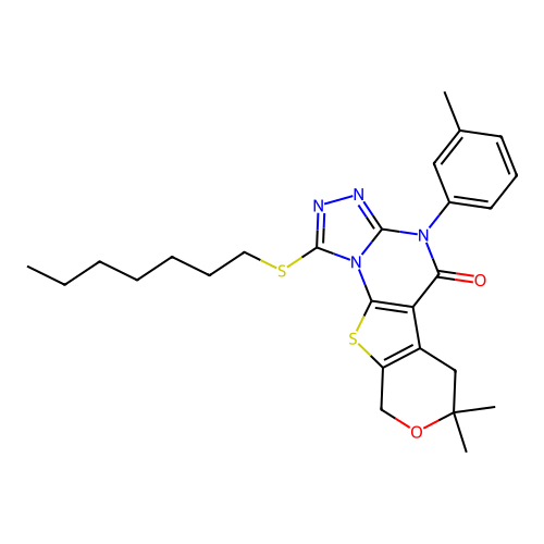 1-(heptylsulfanyl)-7,7-dimethyl-4-(3-methylphenyl)-6,9-dihydro-7H-pyrano[4',3':4,5]thieno[3,2-e][1,2,4]triazolo[4,3-a]pyrimidin-5(4H)-one structure