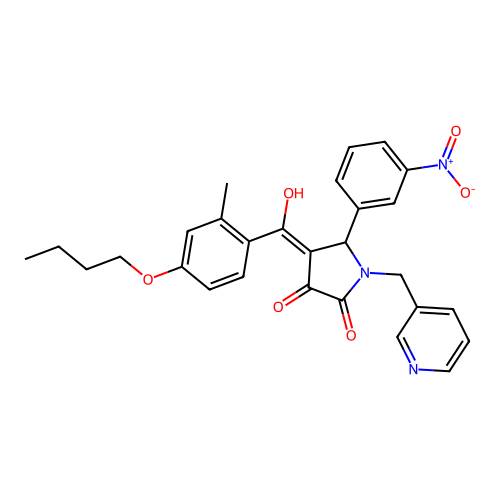 (4E)-4-[(4-butoxy-2-methylphenyl)-hydroxymethylidene]-5-(3-nitrophenyl)-1-(pyridin-3-ylmethyl)pyrrolidine-2,3-dione structure