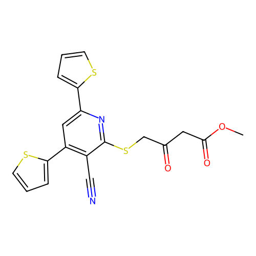 Methyl 4-{[3-cyano-4,6-di(thiophen-2-yl)pyridin-2-yl]sulfanyl}-3-oxobutanoate structure