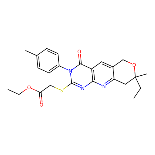 ethyl {[8-ethyl-8-methyl-3-(4-methylphenyl)-4-oxo-3,6,8,9-tetrahydro-4H-pyrano[3',4':5,6]pyrido[2,3-d]pyrimidin-2-yl]sulfanyl}acetate structure