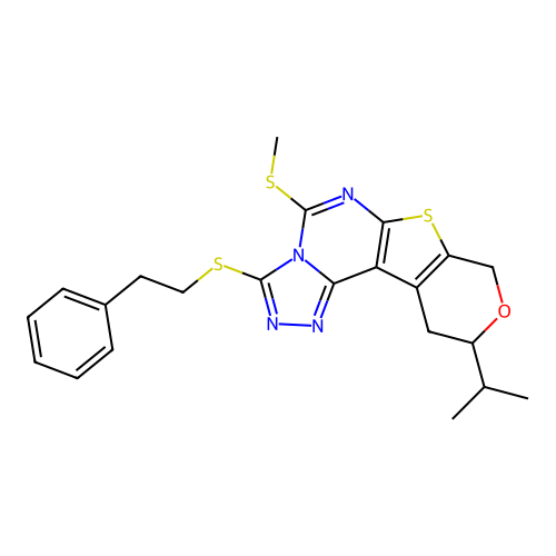 5-(methylsulfanyl)-3-[(2-phenylethyl)sulfanyl]-10-(propan-2-yl)-10,11-dihydro-8H-pyrano[4',3':4,5]thieno[3,2-e][1,2,4]triazolo[4,3-c]pyrimidine structure