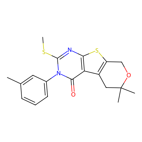 6,6-dimethyl-3-(3-methylphenyl)-2-(methylsulfanyl)-3,5,6,8-tetrahydro-4H-pyrano[4',3':4,5]thieno[2,3-d]pyrimidin-4-one structure