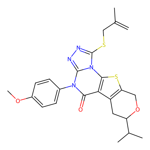 4-(4-methoxyphenyl)-1-[(2-methylprop-2-en-1-yl)sulfanyl]-7-(propan-2-yl)-6,9-dihydro-7H-pyrano[4',3':4,5]thieno[3,2-e][1,2,4]triazolo[4,3-a]pyrimidin-5(4H)-one structure