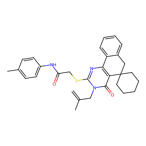 2-((3-(2-methylallyl)-4-oxo-4,6-dihydro-3H-spiro[benzo[h]quinazoline-5,1'-cyclohexan]-2-yl)thio)-N-(p-tolyl)acetamide structure