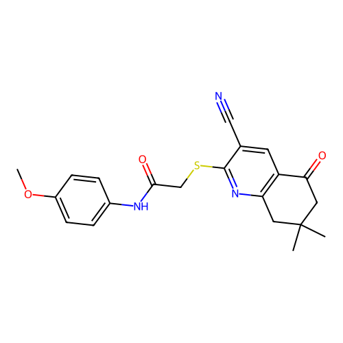 2-((3-cyano-7,7-dimethyl-5-oxo-5,6,7,8-tetrahydroquinolin-2-yl)thio)-N-(4-methoxyphenyl)acetamide structure