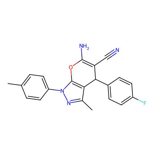 6-amino-4-(4-fluorophenyl)-3-methyl-1-(4-methylphenyl)-1,4-dihydropyrano[2,3-c]pyrazole-5-carbonitrile structure