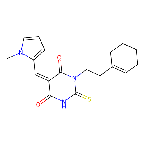 (Z)-1-(2-(cyclohex-1-en-1-yl)ethyl)-5-((1-methyl-1H-pyrrol-2-yl)methylene)-2-thioxodihydropyrimidine-4,6(1H,5H)-dione structure