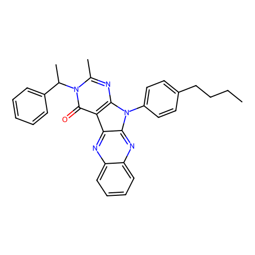 11-(4-butylphenyl)-2-methyl-3-(1-phenylethyl)-3,11-dihydro-4H-pyrimido[5',4':4,5]pyrrolo[2,3-b]quinoxalin-4-one structure