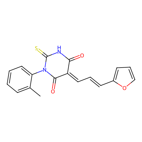 (5E)-5-[(E)-3-(furan-2-yl)prop-2-enylidene]-1-(2-methylphenyl)-2-sulfanylidene-1,3-diazinane-4,6-dione structure