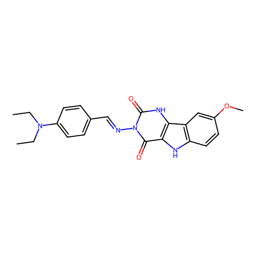(E)-3-((4-(diethylamino)benzylidene)amino)-8-methoxy-1H-pyrimido[5,4-b]indole-2,4(3H,5H)-dione structure