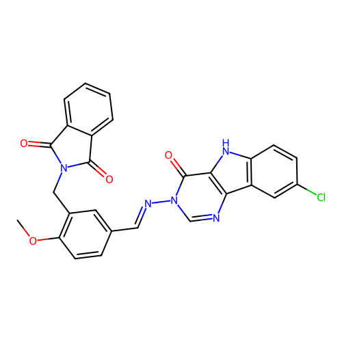 (E)-2-(5-(((8-chloro-4-oxo-4,5-dihydro-3H-pyrimido[5,4-b]indol-3-yl)imino)methyl)-2-methoxybenzyl)isoindoline-1,3-dione structure