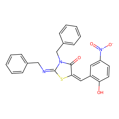 (2E,5E)-3-benzyl-2-(benzylimino)-5-(2-hydroxy-5-nitrobenzylidene)thiazolidin-4-one structure