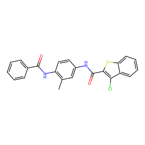N-(4-benzamido-3-methyl-phenyl)-3-chloro-benzothiophene-2-carboxamide structure