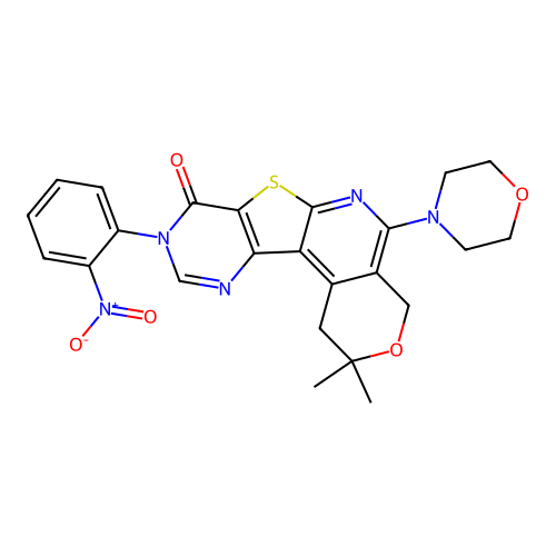 2,2-dimethyl-5-(morpholin-4-yl)-9-(2-nitrophenyl)-1,4-dihydro-2H-pyrano[4'',3'':4',5']pyrido[3',2':4,5]thieno[3,2-d]pyrimidin-8(9H)-one structure