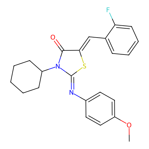 (2E,5Z)-3-cyclohexyl-5-(2-fluorobenzylidene)-2-((4-methoxyphenyl)imino)thiazolidin-4-one structure