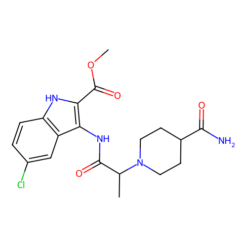 methyl 3-(2-(4-carbamoylpiperidin-1-yl)propanamido)-5-chloro-1H-indole-2-carboxylate structure