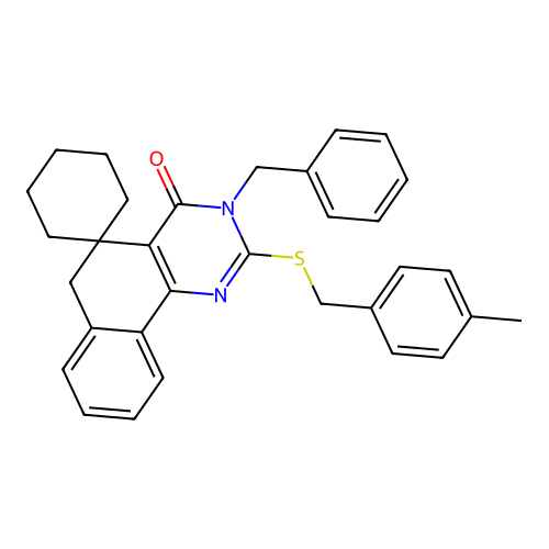 3-benzyl-2-((4-methylbenzyl)thio)-3H-spiro[benzo[h]quinazoline-5,1'-cyclohexan]-4(6H)-one structure
