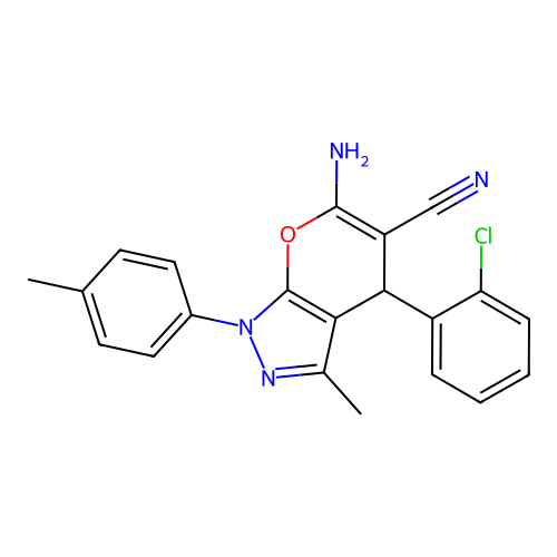 6-amino-4-(2-chlorophenyl)-3-methyl-1-(4-methylphenyl)-1,4-dihydropyrano[2,3-c]pyrazole-5-carbonitrile structure