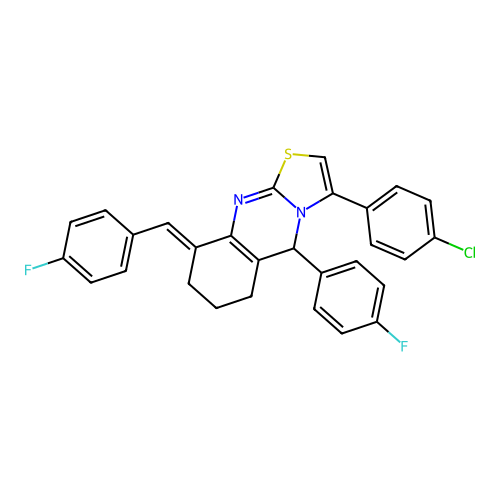 (E)-3-(4-chlorophenyl)-9-(4-fluorobenzylidene)-5-(4-fluorophenyl)-6,7,8,9-tetrahydro-5H-thiazolo[2,3-b]quinazoline structure