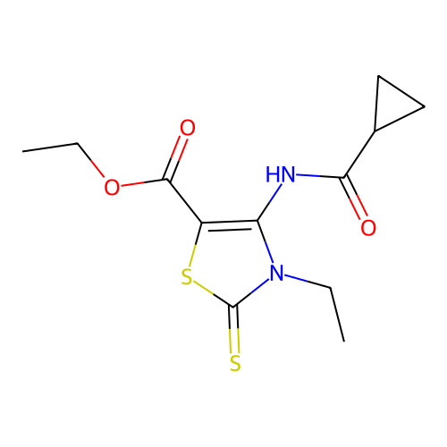 ethyl 4-(cyclopropanecarbonylamino)-3-ethyl-2-sulfanylidene-1,3-thiazole-5-carboxylate structure