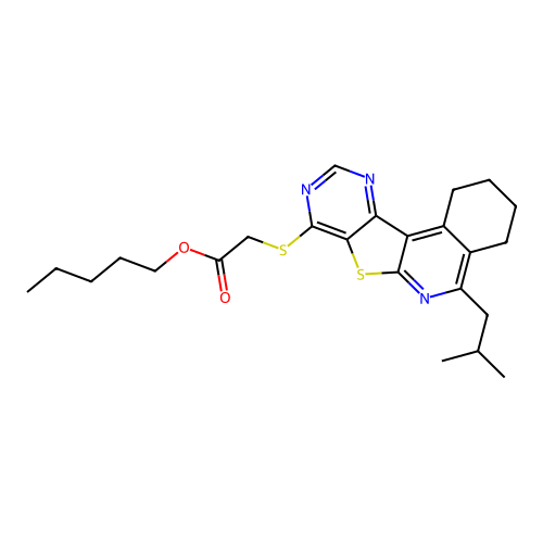 pentyl {[5-(2-methylpropyl)-1,2,3,4-tetrahydropyrimido[4',5':4,5]thieno[2,3-c]isoquinolin-8-yl]sulfanyl}acetate structure