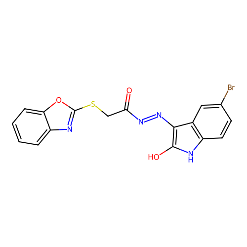2-benzooxazol-2-ylsulfanyl-N'-(5-bromo-2-oxo-indol-3-yl)acetohydrazide structure