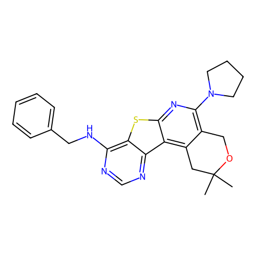 N-benzyl-2,2-dimethyl-5-(pyrrolidin-1-yl)-1,4-dihydro-2H-pyrano[4'',3'':4',5']pyrido[3',2':4,5]thieno[3,2-d]pyrimidin-8-amine structure