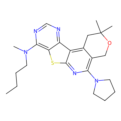 N-butyl-N,2,2-trimethyl-5-(pyrrolidin-1-yl)-1,4-dihydro-2H-pyrano[4'',3'':4',5']pyrido[3',2':4,5]thieno[3,2-d]pyrimidin-8-amine structure