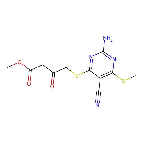 Methyl 4-(2-amino-5-cyano-6-methylthiopyrimidin-4-ylthio)-3-oxobutanoate structure