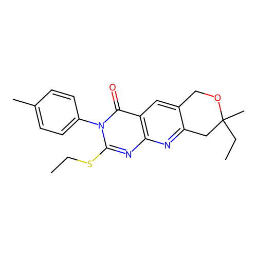 8-ethyl-2-(ethylsulfanyl)-8-methyl-3-(4-methylphenyl)-3,6,8,9-tetrahydro-4H-pyrano[3',4':5,6]pyrido[2,3-d]pyrimidin-4-one structure