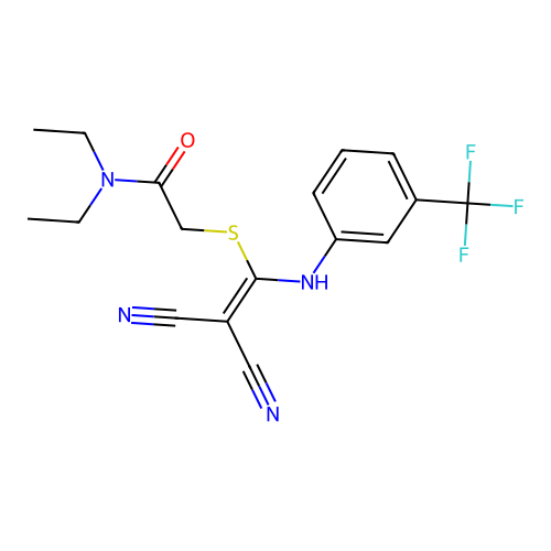 2-((2,2-dicyano-1-((3-(trifluoromethyl)phenyl)amino)vinyl)thio)-N,N-diethylacetamide structure