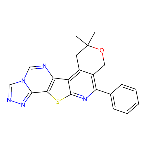 8,8-dimethyl-11-phenyl-7,10-dihydro-8H-pyrano[4'',3'':4',5']pyrido[3',2':4,5]thieno[2,3-e][1,2,4]triazolo[4,3-c]pyrimidine structure