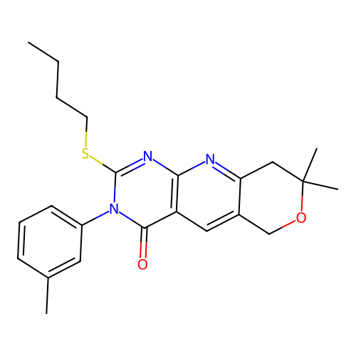 2-(butylsulfanyl)-8,8-dimethyl-3-(3-methylphenyl)-3,6,8,9-tetrahydro-4H-pyrano[3',4':5,6]pyrido[2,3-d]pyrimidin-4-one structure